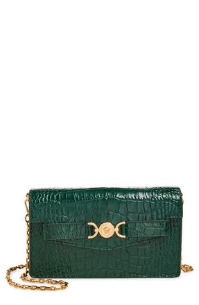 Versace Medusa Croc Embossed Leather Wallet on a Chain in Dark Emerald Gold at Nordstrom