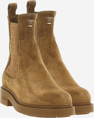 Fendi Womens Suede Leather Ankle Boots Beige