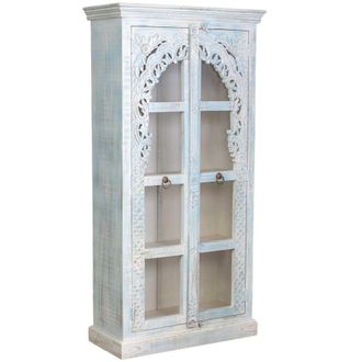 Wanderlust Deco Vitrina de madera artesanal blanco y azul, 91x40x180h cm