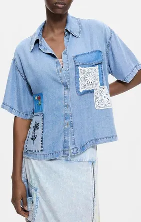 Desigual Patchwork Denim Shirt in Light Blue at Nordstrom, Size X-Small