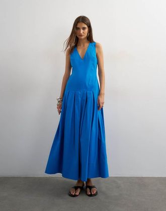 Topshop Vestito lungo strutturato in popeline color cobalto con vita scesa-Blu