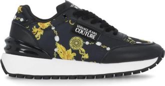 Versace Jeans Couture Zwarte Leren Sneakers met Barok Print - Dames - Sneakers - Zwart - 41 EU - Schoenen