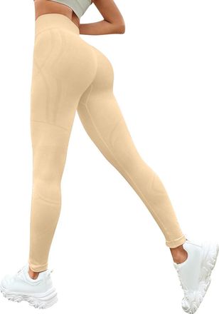 Generic Seamless High Waist Yoga Leggings for Women UK - Tummy Control Gym Workout Stretchy Pants, Scrunch Bum Design Beige, S