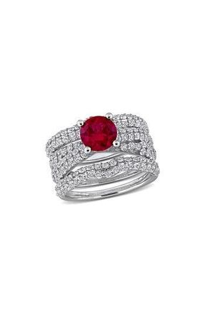 Delmar Lab Created White Sapphire & Lab Created Ruby Ring Stack Set in Red at Nordstrom Rack, Size 7