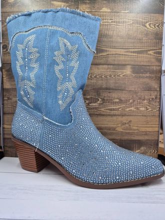 Wild Diva Womens Rhinestone Mid-Calf Cowgirl Boot In Blue