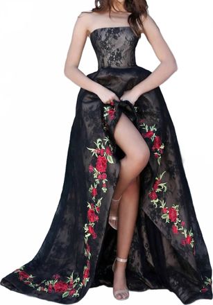 Sherri Hill Lace Floral Embroidered High Low Gown In Black