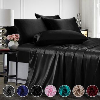 OEM S&aacute;banas Bajeras Ajustables De Seda Negra Tama&ntilde;o Queen, Juego De S&aacute;banas Bajeras Ajustables Con Bolsillo Profundo, 4 Piezas