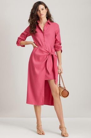 Nordstrom Long Sleeve Stretch Linen Blend Faux Wrap Shirtdress in Pink Carmine at Nordstrom, Size Xx-Large