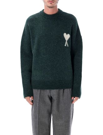 Ami Dark Green Adc Heart Emblem Crewneck Sweater