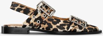 Ganni Feminine Buckle Ballerinas in Leopard Satin - Size 36 Mixed