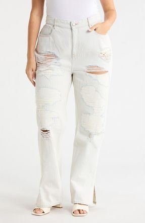 Good American The Khlo Distressed Straight Leg Jeans in Indigo1016 at Nordstrom Rack, Size 12