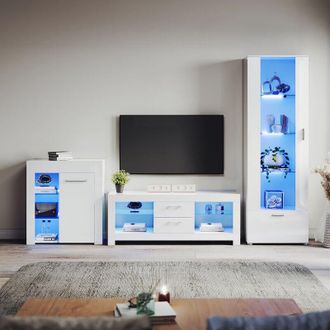 Elegant Lighting Elegant - Living Room Set Modern High Gloss Fronts with led Light, 1300mm tv Stand, Display Cabinet with Glass Shelf Tall Storage Cabinet Sideboard