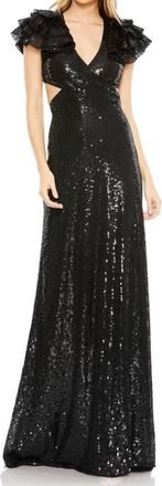 Mac Duggal Sequin Ruffled Cut Out Lace Up Gown In Black