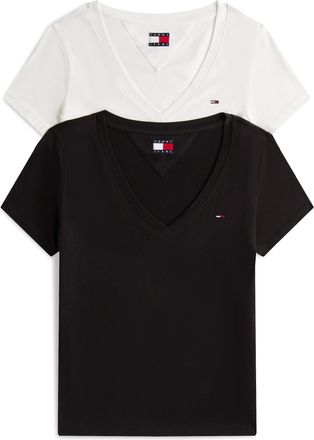 Tommy Jeans T-Shirt TOMMY JEANS TJW 2PACK V-NECK TEE, Damen, Gr. XL (42), beige (ecru, schwarz), Jersey, Obermaterial: 100% Baumwolle, unifarben, regular fit h&uuml;ft