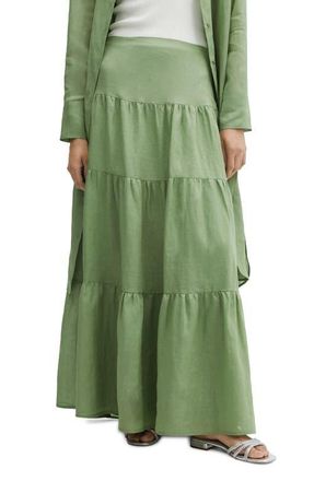 Mango Tiered Ramie Maxi Skirt in Green at Nordstrom, Size Large