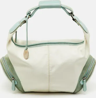 Tod's Tods Off White/green Nylon Suede And Leather Charlotte Hobo