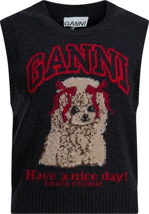 Ganni Wool Vest With Logo Knitwear Nero-Donna