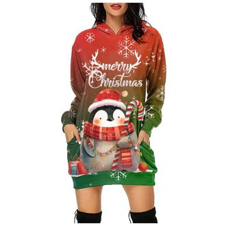 Generic Women Christmas Dress Merry Christmas Letters Snowflakes Wine Glass Xmas Prints Long Sleeve Hooded Women Print Long Sleeve Hooded Pocket Hoodie Dress 