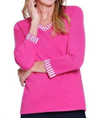 Multiples 3/4 Sleeve Banded V-Neck Sweater Top In Pink