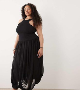 Asos Curve ASOS DESIGN Curve - Vestito lungo ibrido nero con scollo a vogatore