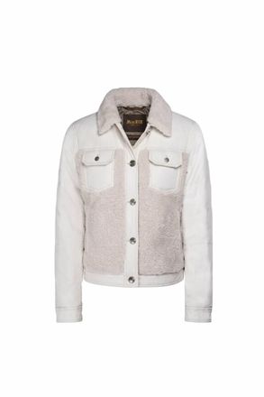 Moorer Womens Faux Shearling Twill Trucker Denim Jacket In Ecru