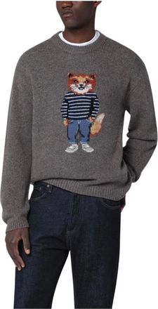 Maison Kitsun&eacute; Dressed Fox Intarsia Wool Jumper - Heren - Ronde hals truien - Grijs - M - Wol - Truien & Vesten