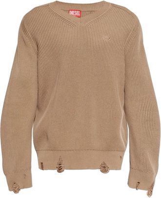 Diesel K-Nazaire Sweater - Heren - V-hals truien - Beige - XL - Katoen - Truien & Vesten