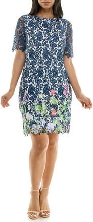 Nina Leonard Floral Border Elbow Sleeve Lace Sheath Dress in Navy Multi at Nordstrom Rack, Size Small