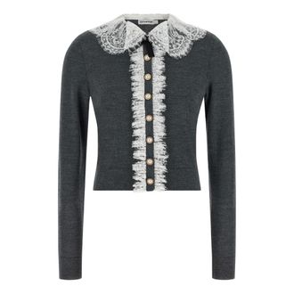 Self Portrait Cardigans, female, Gray, Size: M Lace Collar Knit Cardigan