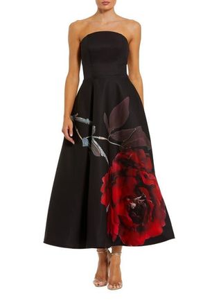 Mac Duggal Crepe Printed Strapless Midi Dress With Pockets in Black Rose at Nordstrom, Size 14