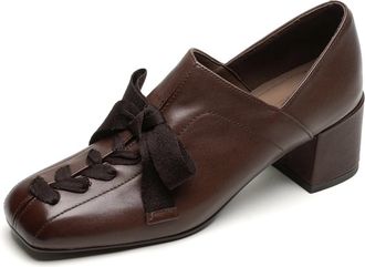 TinaCus Womens Square Toe Slip on Loafers Shoes Handmade Bowknot Chunky Heels Cute Pumps, Brown, 5.5 UK