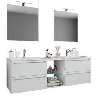 VCM 3 Pcs Set 2 Lavabo, 2 Espejos, 2 Lavabos, 1 Compartimento Medio Lavabo De Cer&aacute;mica Gabinete Inferior 195 Cm Mueble De Ba&ntilde;o Set De Lavadero Doble - Bad