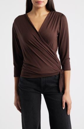 Loveappella Faux Tie Wrap Top in Brown at Nordstrom, Size X-Small
