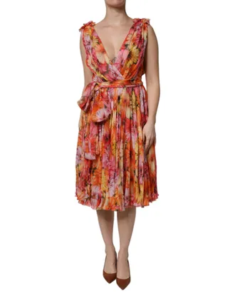 Dolce & Gabbana Womens Multicolor Floral Silk V-Neck Chiffon Dress