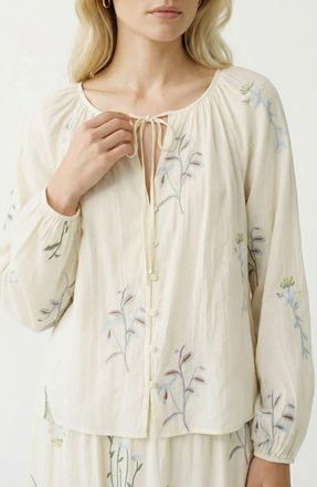 Vero Moda Lina Leaf Embroidered Button-Up Top in Snow White Detailcolorful Emb at Nordstrom, Size X-Small