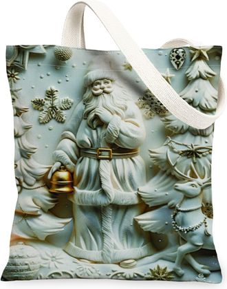 Generic Winter Holiday Canvas Tote Bags, Snowflake and Santa Pattern Reusable Bags, Vintage Lightweight Washable Shoulder Strap Canvas for Travel Beach 13x15 