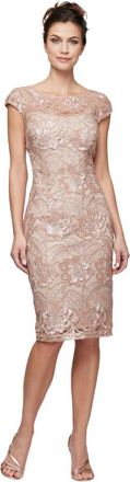 Alex Evenings Womens Short Floral Embroidered Cocktail Sheath Dress, Wedding Guest, Formal Gown (Petite and Regular Sizes), Rose Gold, 14