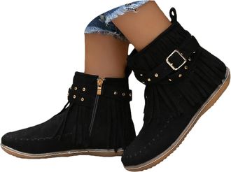 Generic Womens Fringe Cowboy Boots Short Wide Width Ankle Boots Vintage Stylish Buckle Suede Short Booties Fashion Western Pull On Retro Low Heel Dress Shoes 