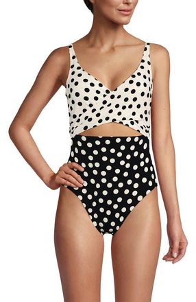 Lands End Wrap Monokini High Leg One Piece Swimsuit in Black/egret Mixed Tossed Dots at Nordstrom, Size 14