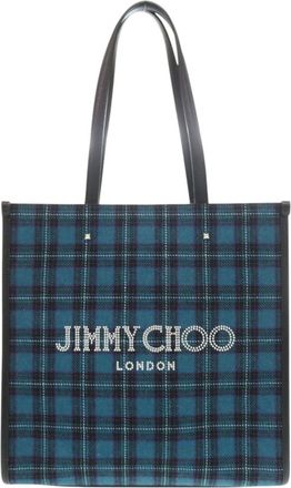 Jimmy Choo London Black Blue Leather Fabric Tote Bag (Pre-Owned)