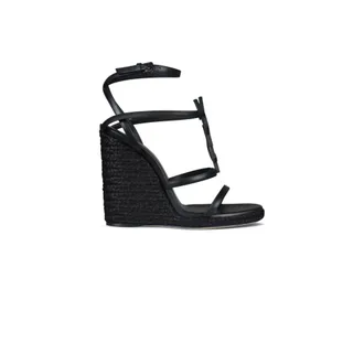Saint Laurent Schoenen, Dames, Zwart, 36 EU, Leer, Cassandra Wedge Espadrilles