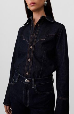 Mango Western Denim Button-Up Shirt in Open Blue at Nordstrom, Size 4