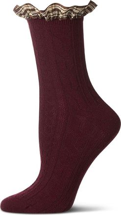 MeMoi Plaid Ruffle Cuff Crew Socks in Burgundy at Nordstrom, Size 9