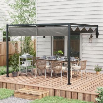 OUTSUNNY Wall Mounted Pergola with Retractable Sun Shade Canopy in Dark Grey