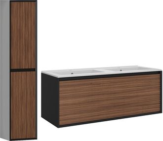Vente-Unique Mueble de ba&ntilde;o suspendido con lavabo encastrado y columna - Color natural oscuro y negro - 120 cm - BANIVA