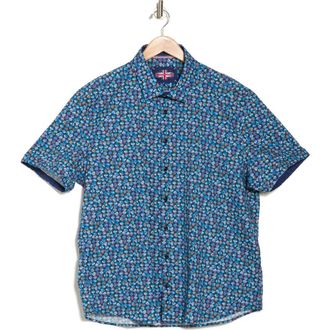 Soul of London Palm Print Stretch Cotton Short Sleeve Button-Up Shirt in Navy at Nordstrom Rack, Size Xx-Large