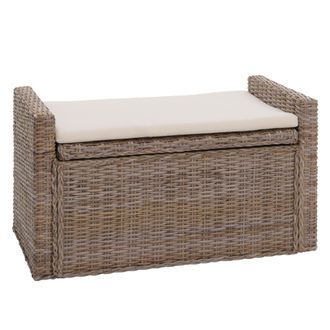 Hhg Hhg - Ba&uacute;l M92, Banco Armario, Coj&iacute;n Kubu Rat&aacute;n 88cm, Gris-marr&oacute;n