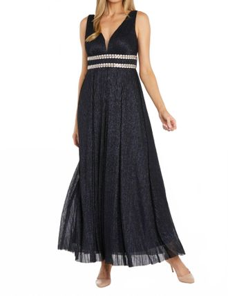 R & M Richards Long Metallic Gown In Navy