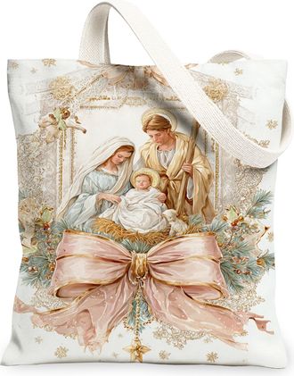 Generic Christmas Nativity Canvas Tote Bags, Elegant Design Reusable Grocery Bags, Vintage Lightweight Washable Shoulder Strap Canv, White, 13x15 Inch
