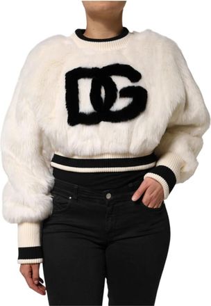 Dolce & Gabbana Cropped sweatshirt met ronde hals van imitatiebont - Dames - Ronde hals truien - Wit - M - Polyester - Truien & Vesten